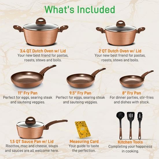 12-Piece Nonstick Kitchen Cookware Set - PTFE/PFOA/PFOS-Free Heat Resistant Lacquer Kitchen Ware Pots Pan Set Coffee/Brown - Saucepot, Pans, Cooking Pot, Oven Pot, Lid, Utensil - NutriChef NCCW12BRW