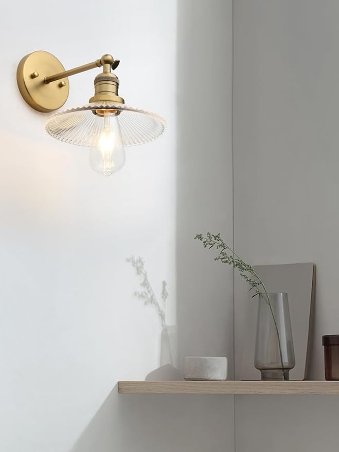 Industrial Vintage Wall Sconce 1-Light with Funnel Ribbed Clear Glass Shade, Indoor Wall Mounted Lamp Fixture for Living Room Bedroom Bathroom Over Kitchen Sink