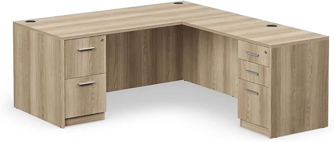NBF at Work Reversible 66" W L-Shaped Executive Office Desk - Durable Laminate Computer Desk with Lockable Two Drawers - Modern Desk with Storage and File Cabinet - Office Work Desk, Brown