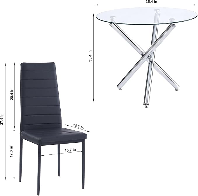 5-Piece Round Glass Dining Table Set for 4 Modern Kitchen Table with 4 Dining Chairs Set Round Circle Table and PU Upholstered Chairs Set for Small Space (Silver Black, 5 Pieces Set)