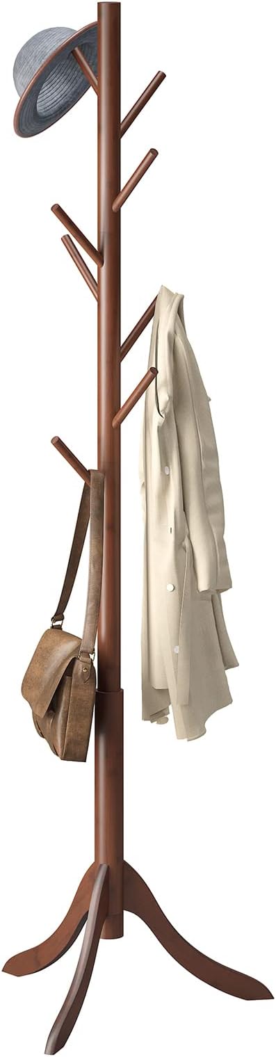 Coat Rack Freestanding, Coat Stands Entryway, Bamboo Coat Rack Hat Hanger 8 Hook for Jacket, Purse, Scarf Rack, Umbrella Tree Stand (Brown)