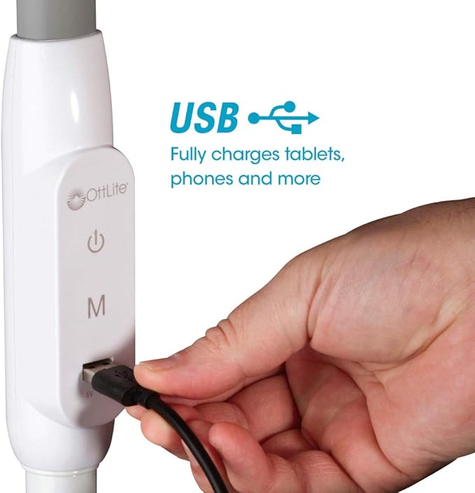 OttLite LED Floor Lamp with USB Port & Tablet Stand – Modern White Design, ClearSun LED Standing Light, USB Charger, Touch Activated Controls, for Crafting, Reading, Work