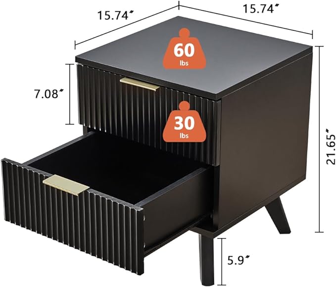 Fluted 2 Drawer Small Dresser for Bedroom, Mid Century Modern Nightstand with Drawers, Low Bedside Table with Drawers, End Table Short Storage, Living Room, Dorm -Black