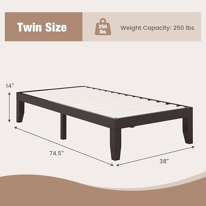 Giantex 14 Inch Twin Wood Platform Bed Frame, Minimalist Mattress Foundation with Solid Rubber Wood, Heavy Duty Wood Slat Support, Without Headboard, Easy Assembly, No Box Spring Needed, Espresso
