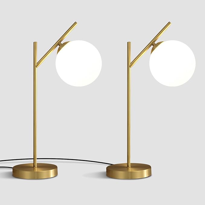Globe Table Lamp Set of 2, Brass Glass Globe Desk Lamp with Milky White Glass Shade, Contemporary Metal Bedside lamp for Bedroom Living Room Study Room