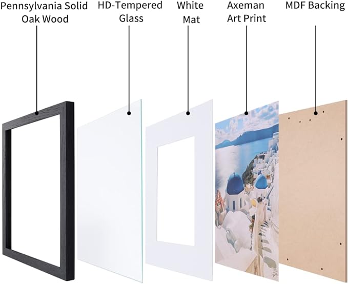 Axeman 11x14 Picture Frame with Mat for 8x10, Solid Oak Wood Picture Frames with Tempered Glass, Natural Wooden 11x14 inch Photo Frame for Wall with Wall Hook Included, Set of 3, Black