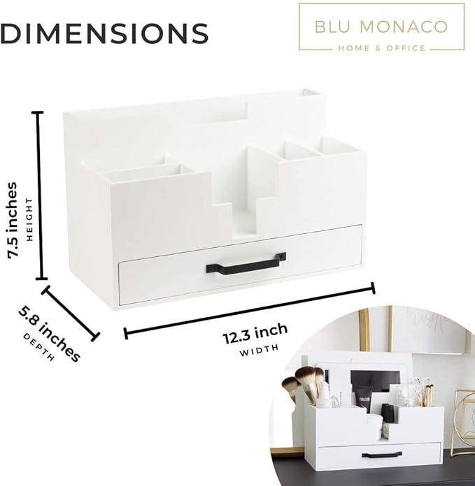 BLU MONACO White Wood Desk Organizer with Drawer – Home Office Accessories for Women – Compact Desktop Storage Solution