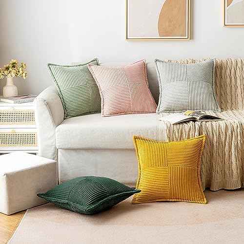 MIULEE Christmas Decorative Euro Sham Throw Pillow Covers for Couch Bed Livingroom 22x22 Inch Set of 2 Dark Green Boho Accent Throw Pllows Broadside Striped Patchwork Soft Corduroy Pillowcases