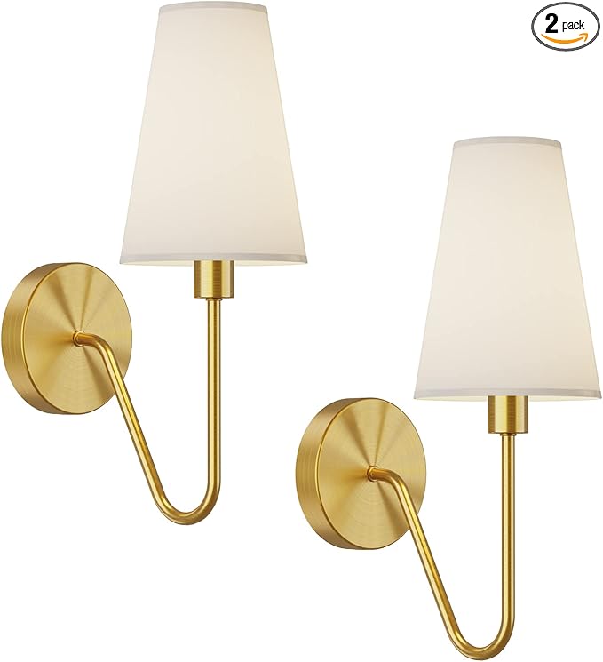 Electro bp;Single Head Classic 1 Light Wall Sconce Lighting Fixture Gold with Cream White Linen Fabric Lamp Shades E12 40W Hardwired (Set of 2);
