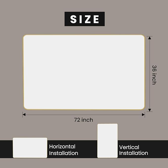 Gold Bathroom Mirror, 72x36 Inch Brushed Gold Metal Frame Mirror for Wall, Rounded Rectangle Bathroom Vanity Mirror, Tempered Glass, Anti-Rust, Horizontal/Vertical