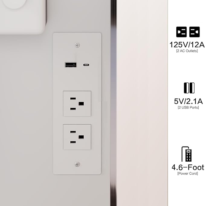 31.5" Small Vanity Desk with Round Mirror and Lights, Makeup Table with 2 AC+2 USB Power Station, Hair Dryer Bracket, Vanity Set with Drawers and Stool for Small Space Bedroom, White