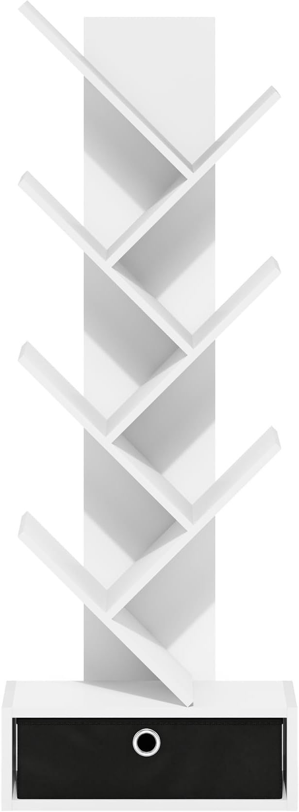 Furinno Tree Book Shelf, 7-Tier Bookshelf, Tree Bookcase with Bin Drawer, 8.4 x 16.9 x 46.2, for Living Room, Bedroom, Home Office, White/Black