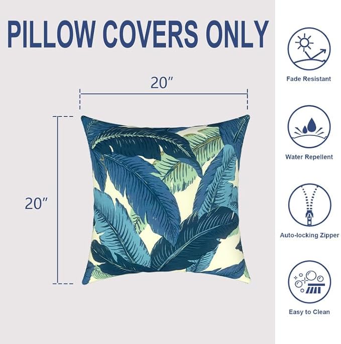 Pack of 2 Patio Throw Pillow Covers ONLY, Water Repellent Cushion Cases 20x20 Inch, Square Pillowcases for Outdoor Couch Decoration, Swaying Palms Blue