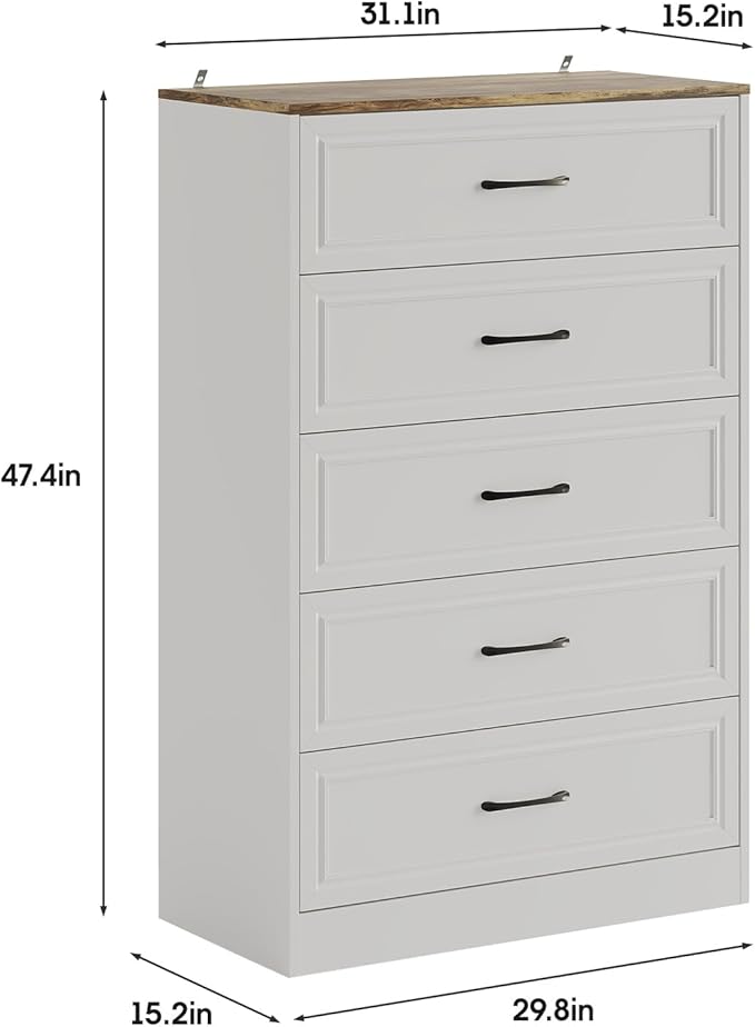 Fameill Dresser for Bedroom, 5 Drawer Wide Dresser Organizer, TV Stand for Livingroom, Chest of Drawers with Metal Handles, Farmhouse White