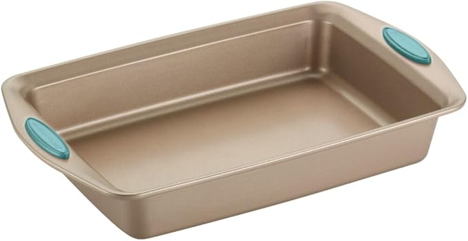Rachael Ray Cucina Bakeware Set Includes Nonstick Bread Baking Cookie Sheet and Cake Pans, 5 Piece, Latte Brown with Agave Blue Grips