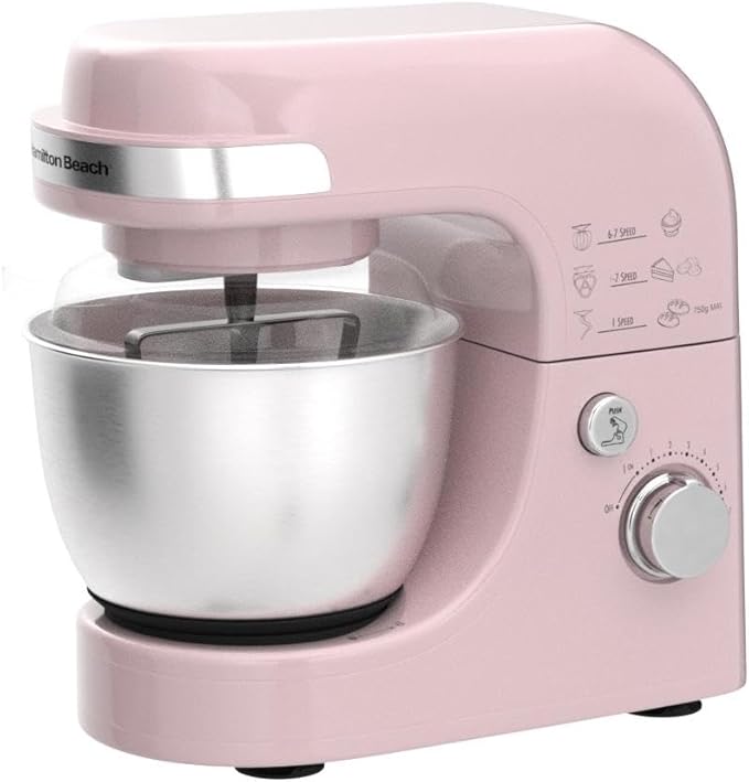 Hamilton Beach Electric Stand Mixer, 4 Quarts, Dough Hook, Flat Beater Attachments, Splash Guard 7 Speeds with Whisk, Rose