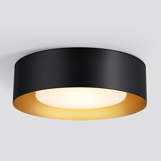 Vikaey Modern Mid Century Flush Mount Ceiling Light, 2-Light Minimalist Round Light Fixture, Black and Gold Drum Ceiling Lamp with Glass Lampshade for Bedroom, Hallway, Kitchen, 12.5in