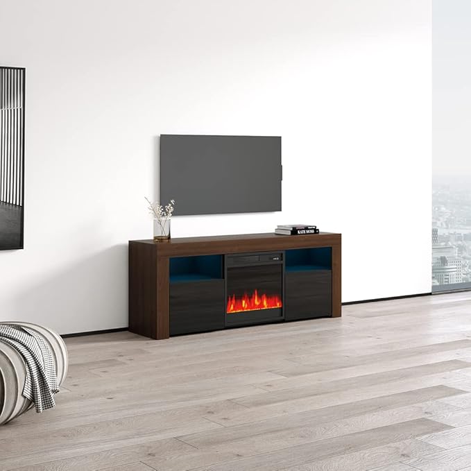 Meble Furniture Modern Rectangular TV Stand with Storage Cabinets & Electric Fireplace - Fits TVs Up to 65" - Walnut/Black