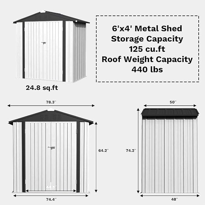 Greesum 6×4FT Outdoor Storage Shed, Metal Patio Storaged Sheds with Lockable Doors, Sheds & Outdoor Storage for Bike, Backyard, Pool and Garden, White
