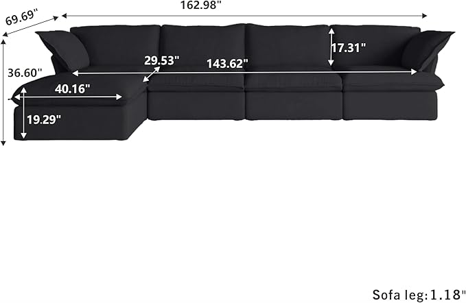 JACH L Shape Sectional Couches, Modular Sectional Sofas, Modern Couch with Chaise Ottoman, Cushion Covers Removable, Cloud Sectional Sofa for Living Room (Black)