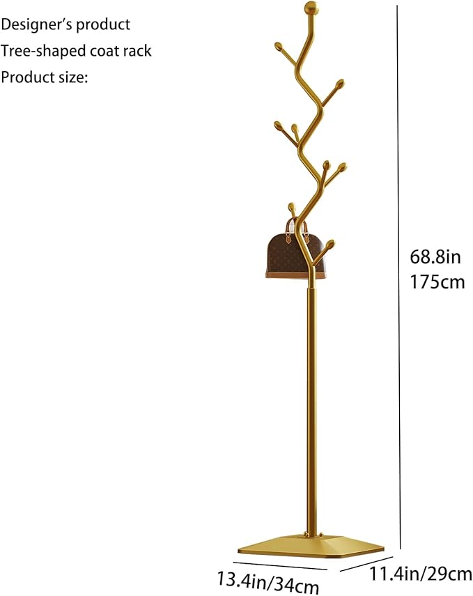 Coat Rack Freestanding gold Coat Tree with 8 Hooks, Creative Design Tree Branch-look, Standing Coat Rack Coat Hanger Stand with Stury cast iron Base for Entryway, Hallway, Bedroom (gold)