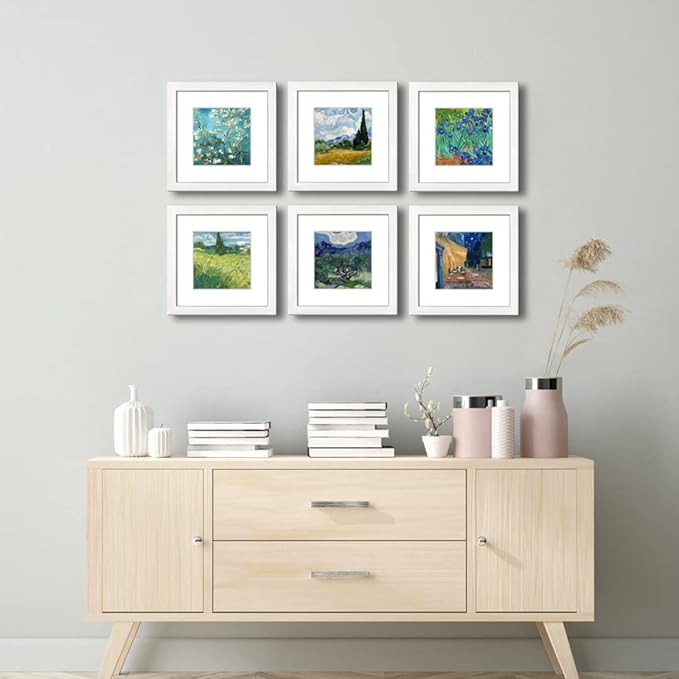 8x8 Picture Frame Set of 6 with Real Glass for Pictures 5x5 with Mat or 8x8 Without Mat, Wall Mounting or Tabletop display Photo Frames in White