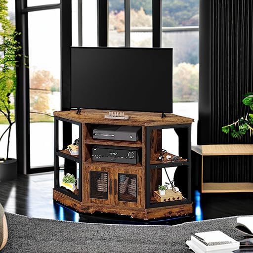 YITAHOME Corner TV Stand for TVs up to 55 Inch with Power Outlet, Modern Farmhouse Entertainment Center, Wood TV Media Console with Storage Cabinets Shelves for Living Room, Retro Brown