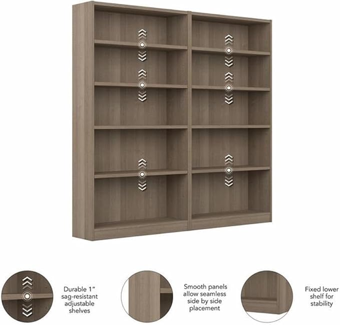 Pemberly Row Tall 5 Shelf Bookcase in Ash Gray (Set of 2) - Engineered Wood
