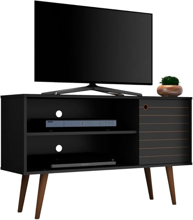 Manhattan Comfort Liberty Mid Century Modern TV Stand for Televisions up to 46 Inches, Bedroom and Living Room Entertainment Center with Storage, Shelves, and Cabinet, 43" Wide, Black