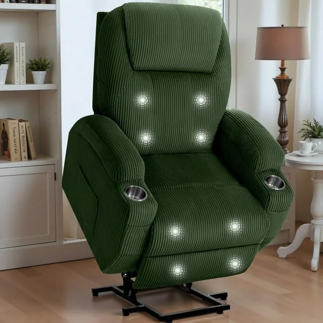 Electric Power Lift Recliner Chair with Massage for Elderly Corduroy Fabric Recliner Single Sofa with Cup Holders, Side Pockets and Remote Control for Living Room Bedroom (Green)
