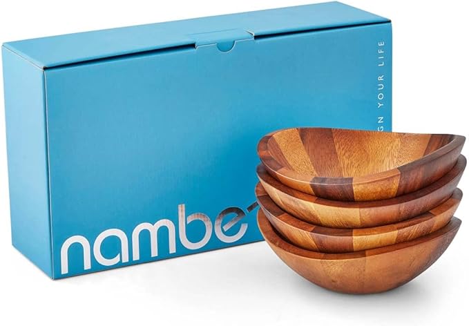 Nambe Braid Salad Bowls, Set of 4 - Designed by Sean O’Hara, Modern Scandinavian Acacia Wood Dining Bowls for Salads & Entertaining - Decorative Tableware for Serving Appetizers, Side Dishes, Snacks