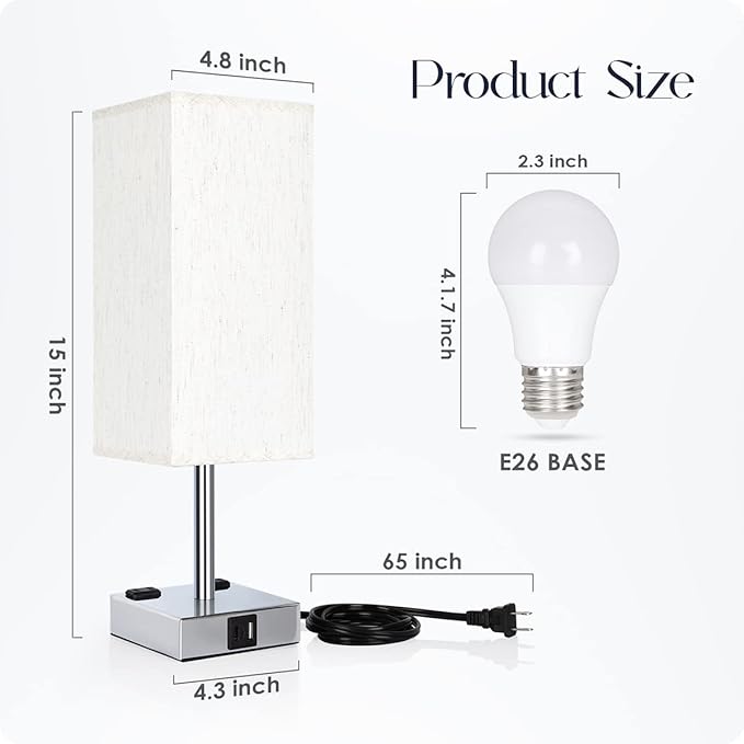 Bedside Lamp with USB Ports - Touch Control Table Lamp for Bedroom with USB C+A Charging Ports & AC Outlets, 3 Way Dimmable Nightstand Light for Living Room (LED Bulb Included, Chrome - Flaxen)