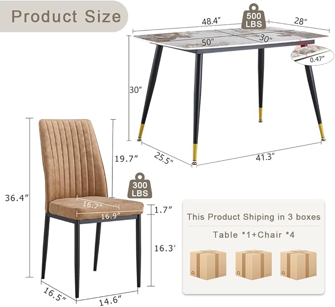 5 Pieces Modern Sintered Stone Dining Table Set 50" Rectangular Faux Marble Tabletop Kitchen Table with 4 PU Leather Chair Dinner Table Set(1Faux Marble Table+4Brown Chairs)