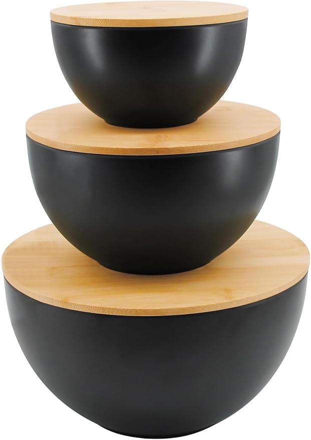 Salad Bowl Set of 3 with Bamboo Wooden Lids, Mixing Bowls Set, Nesting Bowls for Space Saving Storage, Made with Durable Eco-Friendly Bamboo Fiber, Great for Prepping and Serving Food, Black