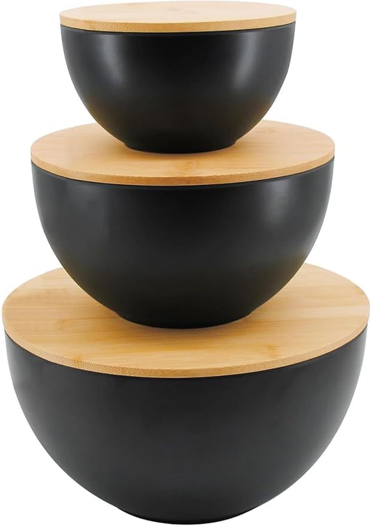 Salad Bowl Set of 3 with Bamboo Wooden Lids, Mixing Bowls Set, Nesting Bowls for Space Saving Storage, Made with Durable Eco-Friendly Bamboo Fiber, Great for Prepping and Serving Food, Black