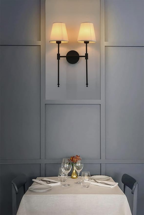 PERMO Classic Rustic Double Sconce 2-Lights Wall Sconce Lighting Fixture with Flared White Textile Lamp Shade and and Black Finished Long Arm,Wall Sconce Light Fixture for Bathroom Bedroom Bedside