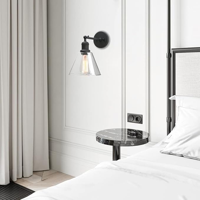 Yosoan Indoor Wall Sconce Fixture Light, 1-Light Modern Single Brass Vintage Industrial Hardwired with Funnel Flared Clear Glass Shade Lamp for Bathroom Sink Porch Kitchen Living Room(Black)