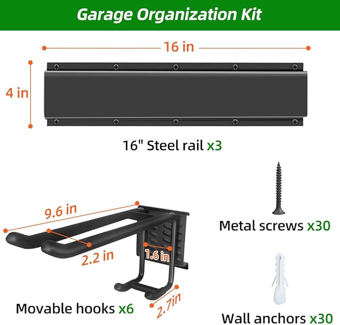 Garage Tool Organizer Wall Mount with 48 inches Rails and 6 Double-layer Hooks, Garden Tool Rack Heavy Duty, Garage Hanging Storage Rack For Yard Tools, Shovel, Shed