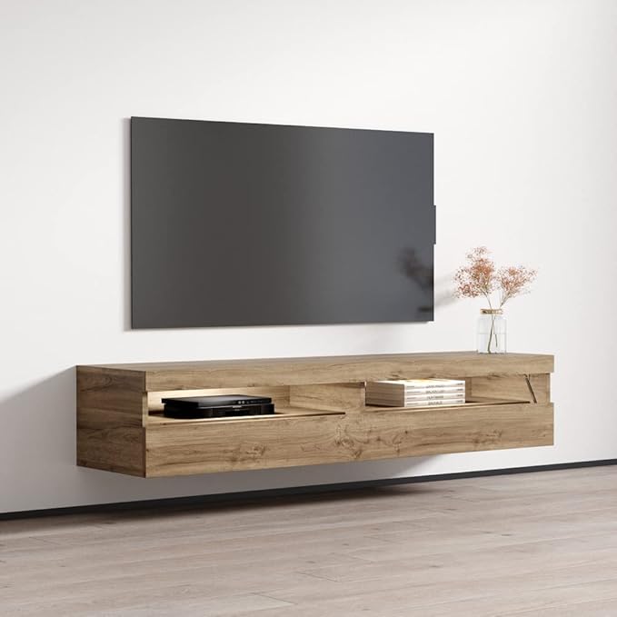 Meble Furniture Fly Type-35 Floating TV Stand - Rectangular Shape Modern High Gloss TV Stand with Storage Cabinets - Media Entertainment Center Console Table for TV Up to 70" - Oak