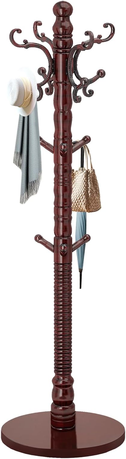 EZIVIEZ Wooden Coat Rack Stand, Solid Wood Freestanding Coat Rack, Vintage Coat Racks with 14 Hooks & Disc Base, Standing Coat Hanger Jacket Tree Stand for Office, Entryway, Hallway
