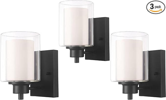 3 Pack Bath Vanity Light Fixtures 1-Light, Indoor Black Wall Light with Dual Glass Shade, Farmhouse Bathroom Wall Scone