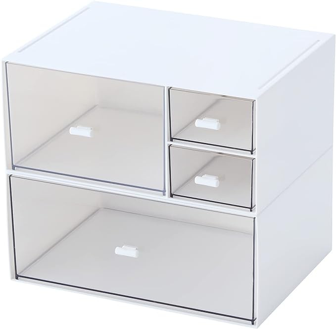 Desk Organizer with 4 Drawers, Makeup Organizer, Plastic Sundries Storage, Vanity Organizer, Cosmetic Storage Organizer, Desk Storage Box, Bathroom Counter or Dresser, White (CD-QBH-01)