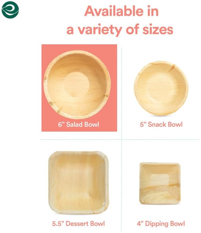ECO SOUL Palm Leaf Bowl 200 pc, Small 6" (16 Oz) | Round Like Bamboo Bowls, Compostable, Biodegradable, Disposable Palm Leaf Bowls Eco-friendly | Sturdy, Microwave & Oven Safe