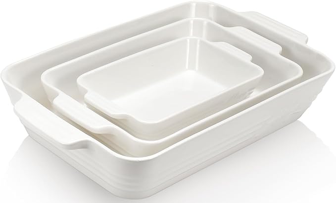 Ceramic Baking Dish Set, 3-Piece Casserole Dishes for Oven, Rectangular Baking Pans, Deep Lasagna Pans with Handles, Multi-Size Set for Cooking, Baking, Serving, and Gifting, White (16.1''/12.2''/9'')