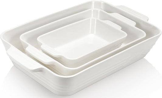 Ceramic Baking Dish Set, 3-Piece Casserole Dishes for Oven, Rectangular Baking Pans, Deep Lasagna Pans with Handles, Multi-Size Set for Cooking, Baking, Serving, and Gifting, White (16.1''/12.2''/9'')