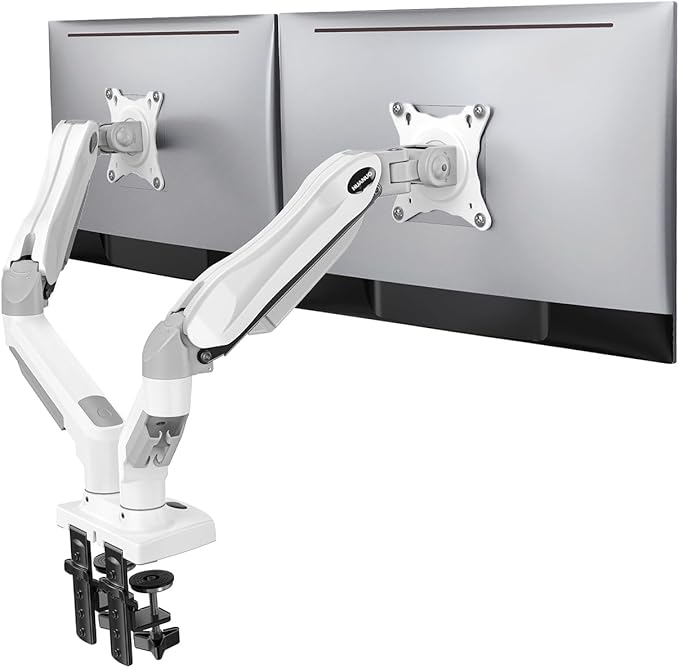 HUANUO Dual Monitor Stand - Full Adjustable Monitor Desk Mount Swivel Vesa Bracket with C Clamp, Grommet Mounting Base for 13 to 32 Inch Computer Screens - Each Arm Holds 4.4 to 19.8lbs - White