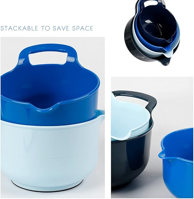 BoxedHome 4 Pack Nesting Mixing Bowls with Pour Spout and Handle, Plastic Large Mixing bowl BPA free Microwave & Dishwasher Safe(Blue, 4 Pack with Handle)