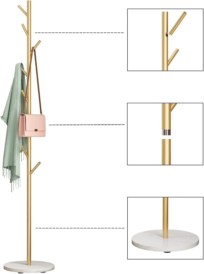 Gold Coat Racks, Metal Coat Rack Freestanding with Hooks, Entryway Coat Rack Stand, Coat Racks with Marble Base, Coat Tree for Hanging Clothes, Hats, Bags
