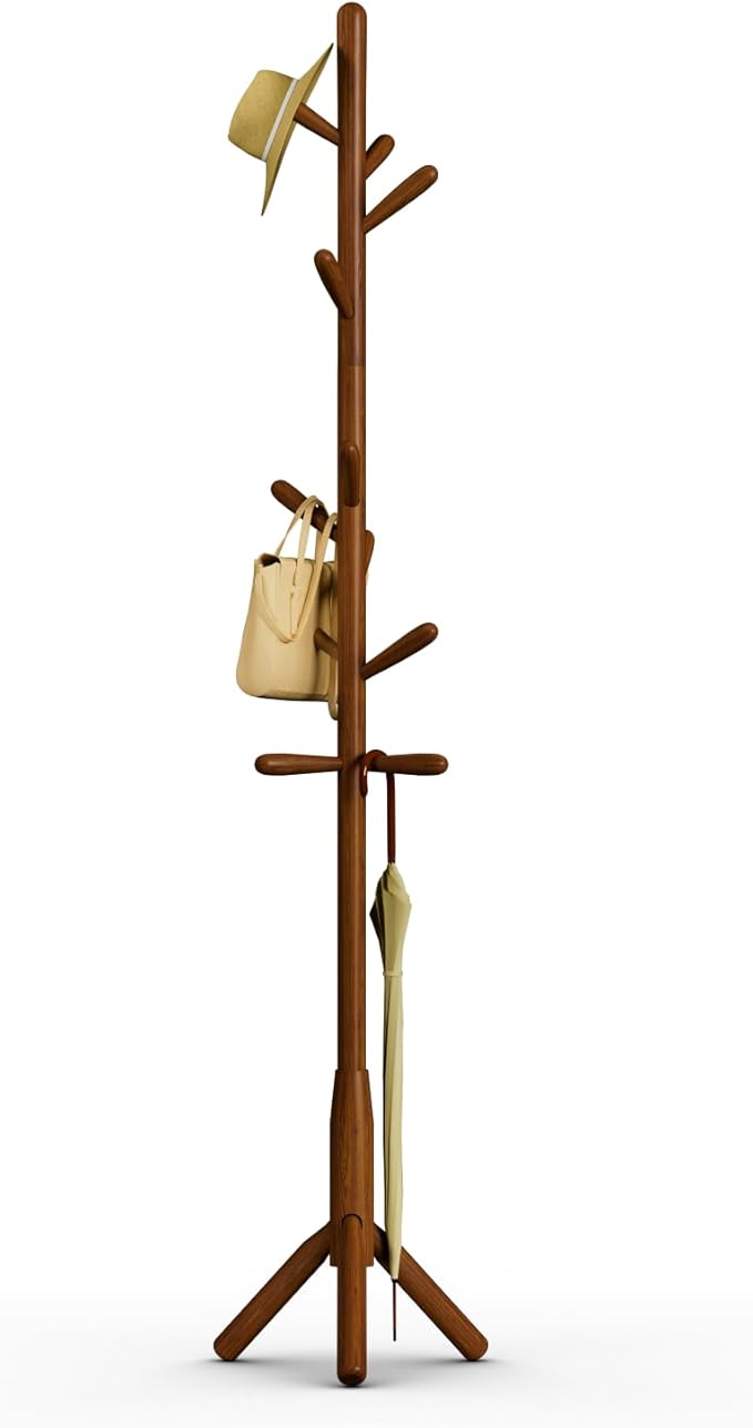 Solid Wood Coat Rack, Freestanding Tree-Shaped Coat Rack with 11 Hooks, Main Pole 1.6" dia for Clothes, Hat Stand Used in Bedroom/Office/Entryway (3-Leg Base, Brown)