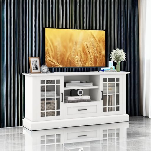 Tangkula Farmhouse TV Stand for TV up to 70 Inch, Tall Media Console Table with 2 Glass Doors, Entertainment Center with Cubbies & Drawer, Storage Cabinet or Sideboard Buffet for Living Room (White)